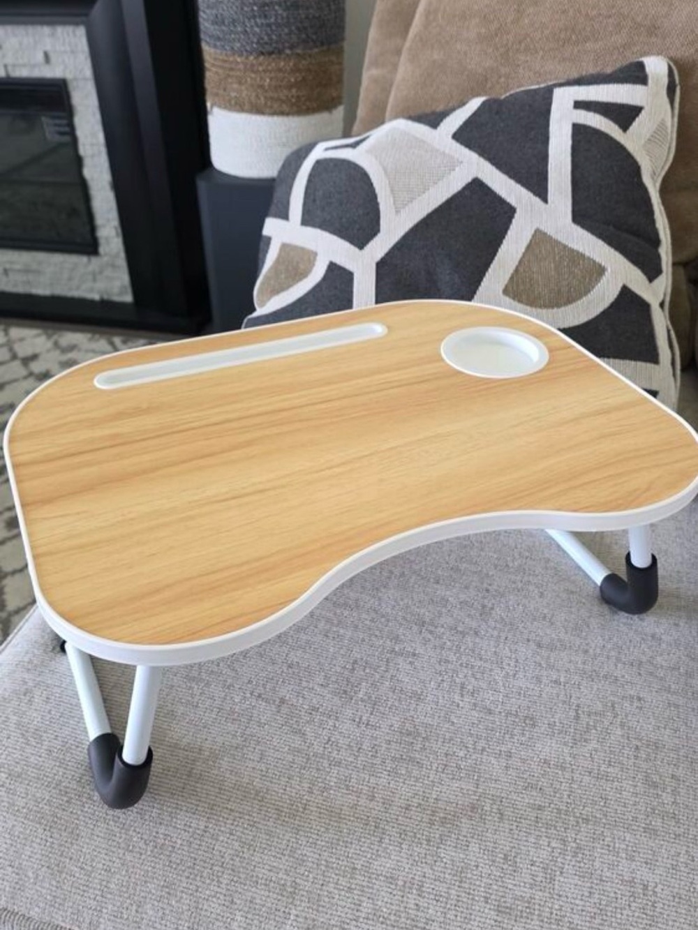 Portable Folding Laptop Table - White Frame with Light Wood Surface